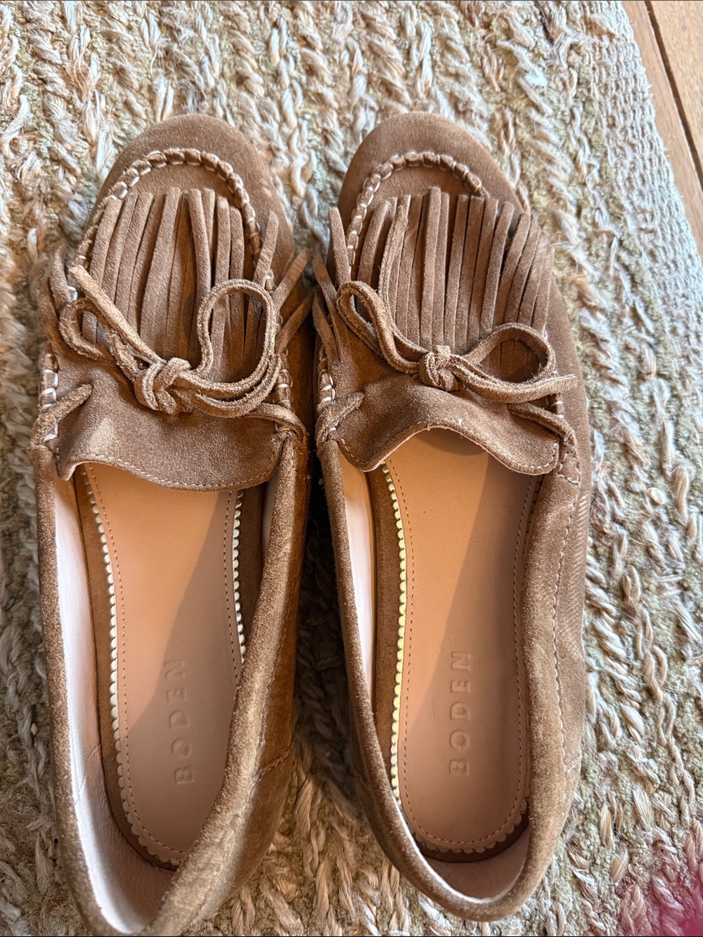 Boden Suede Fringe Moccasins in Tan